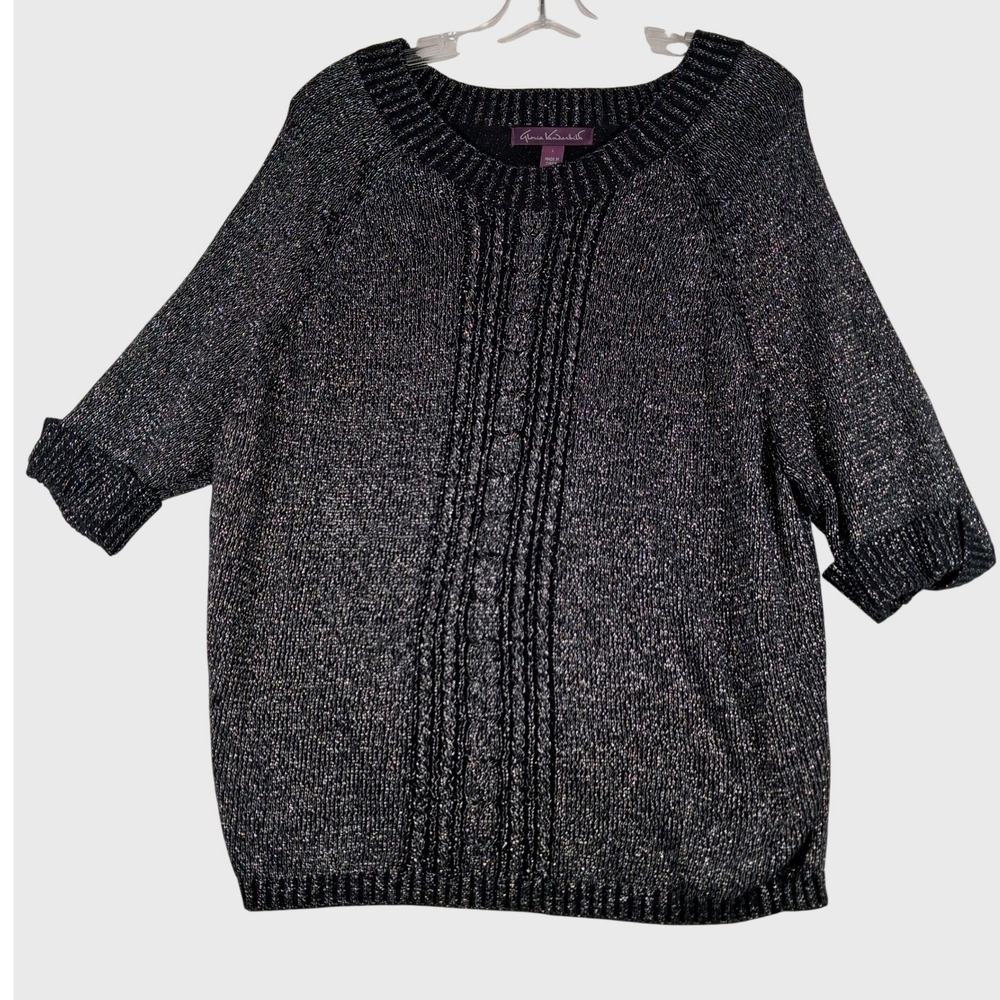 Gloria Vanderbilt Womens Black Silver Metallic Cable Knit Short Sleeve Sweater L